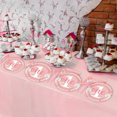 Miniatura 6 de 96 piezas de suministros de primera fiesta para niña, platos de papel rosa de un año, decoración de primer cumpleaños, color rosa, desechable, juego