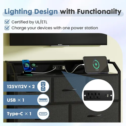 Miniatura 6 de DUMOS - Cómoda para TV con 8 cajones de tela, cómoda, color negro APP Control LED Lights and Type-C Charging Station, Fabric Storage Tower TV