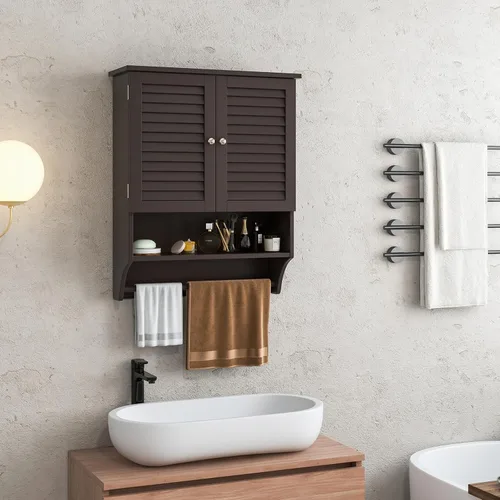 Miniatura 2 de Tangkula Armario de baño montado en la pared con estante abierto y barra, botiquín con puertas de doble rejilla, estante ajustable, armario