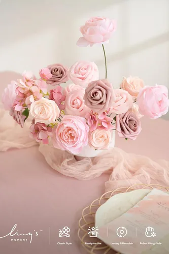 Miniatura 2 de Ling's moment Flores Artificiales de Seda Falsa Hortensias Rosas de Espuma Gardenias Falsas Combo para Bricolaje Ramos de Boda Centros de Mesa