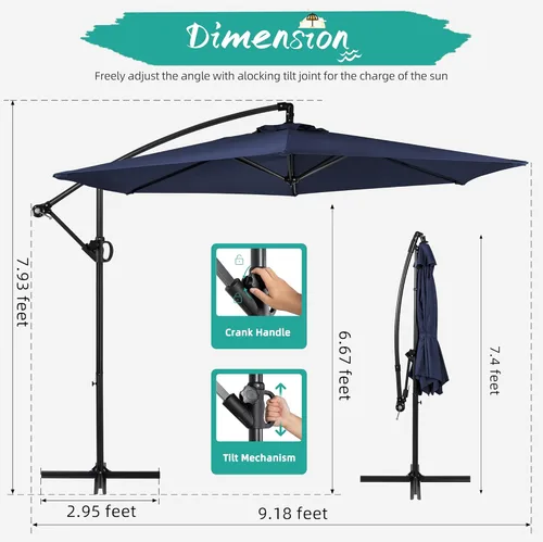 Miniatura 3 de Shintenchi Sombrilla de patio con inclinación fácil, manivela y base cruzada, para exteriores, voladizo, para colgar, toldo para protección solar