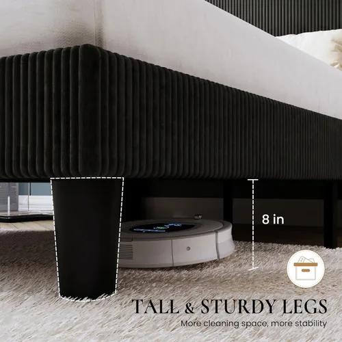 Miniatura 6 de SHA CERLIN - Base de cama tamaño Full tapizada en pana con plataforma y cabecera acolchada con diseño acanalado vertical estilo wingback, 8