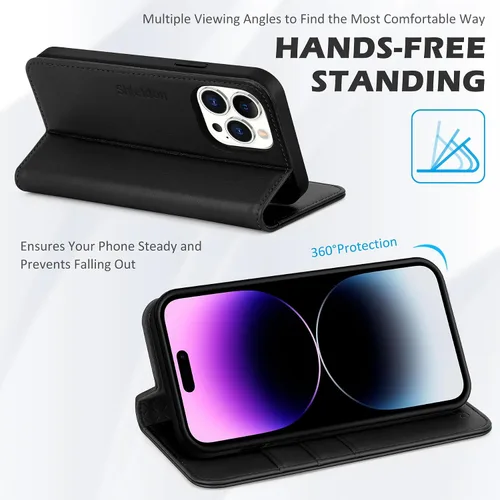 Miniatura 4 de SHIELDON Funda para iPhone 14 Pro Max 5G de 6.7 pulgadas, funda de cuero genuino tipo cartera con tapa con bloqueo RFID, ranuras para tarjetas, Negro