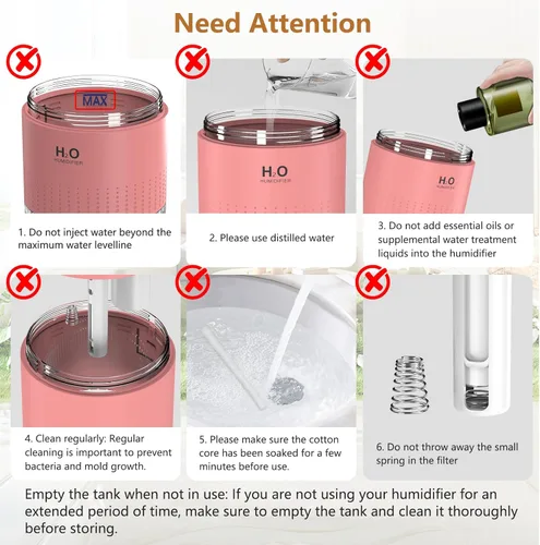 Miniatura 7 de Mini humidificador portátil, apagado automático, 2 modos de niebla, silencioso, pequeños humidificadores para dormitorio, viajes, oficina, Rosa