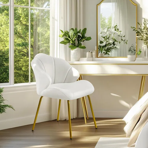 Miniatura 2 de Yaheetech Silla de tocador, silla decorativa de terciopelo con respaldo en forma de concha, sillón moderno con patas de metal dorado para Blanco