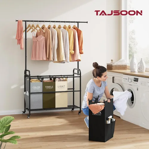Miniatura 2 de Tajsoon Carrito Clasificador de Lavandería con Perchero para Colgar Ropa, Organizador de 3 Cestas Clasificadoras Butler, Carrito Cesto de Lavandería