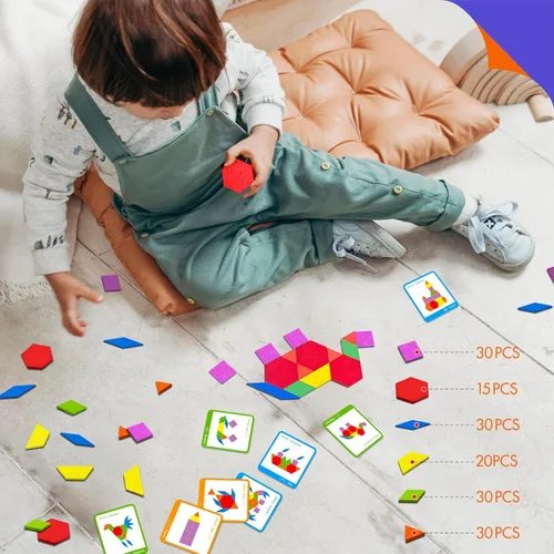 Miniatura 7 de 155 PIEZAS Juego de Bloques de Patrón de Madera, 24 Tarjetas de Diseño Doble Cara (48 Patrones) Rompecabezas de Forma Geométrica Divertido Tangram