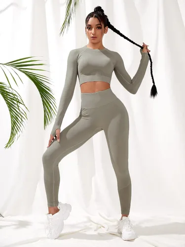 Miniatura 5 de Milumia Conjunto de entrenamiento de 2 piezas de cintura alta sin costuras para mujer, de manga larga, para ir al trabajo, yoga, talla L