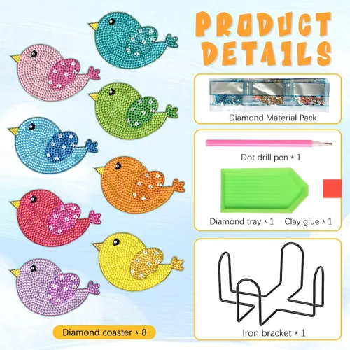 Miniatura 2 de Tontut 8 posavasos de madera de pintura de diamante con soporte, posavasos de pájaro pequeño, kits de arte de diamantes para principiantes, adultos