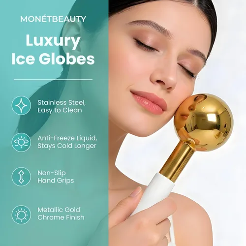 Miniatura 4 de MonétBeauty Globos de Hielo de Acero Inoxidable para Tratamientos Faciales (Dorado), Globos Criogénicos Duraderos que Reducen Instantáneamente