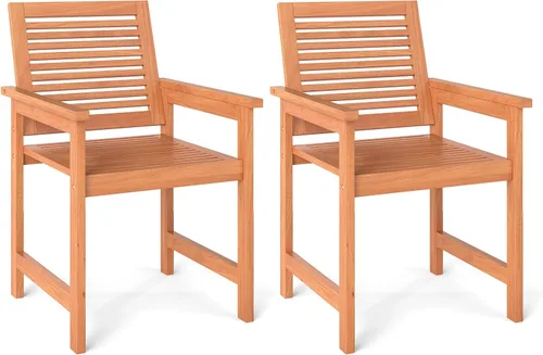 Tangkula Juego de 2 sillas de comedor de madera para patio, sillas de comedor de madera para exteriores con respaldo alto y asiento de listones,