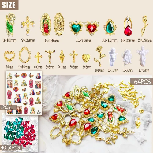 Miniatura 5 de 107 piezas de dijes de uñas de la Virgen María en cruz dorada, dijes de San Judas en aleación 3D en forma de corazón y rosa, ángel con strass