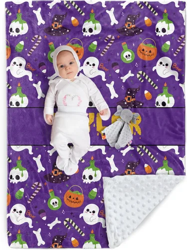 Miniatura 11 de Manta de Halloween personalizada, nombre personalizado con diseños de dibujos animados de Halloween, manta de franela de felpa suave con respaldo