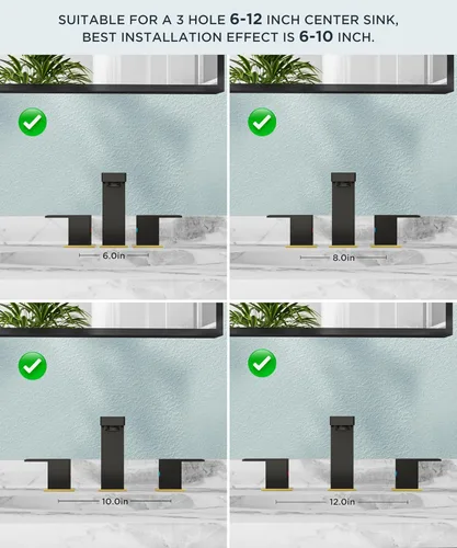 Miniatura 6 de FORIOUS Grifo de baño negro y dorado de 8 pulgadas de extensión amplia cuadrado, 2 manijas, grifos negros mate de 6 pulgadas para lavabo de baño, 3