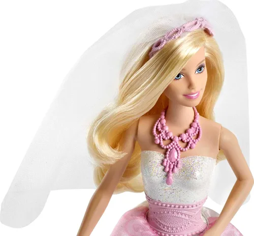 Miniatura 2 de Barbie Conjunto de ropa y accesorios de muñeca nupcial, novia rubia en vestido de novia blanco y rosa inspirado en la fantasía con anillo, velo