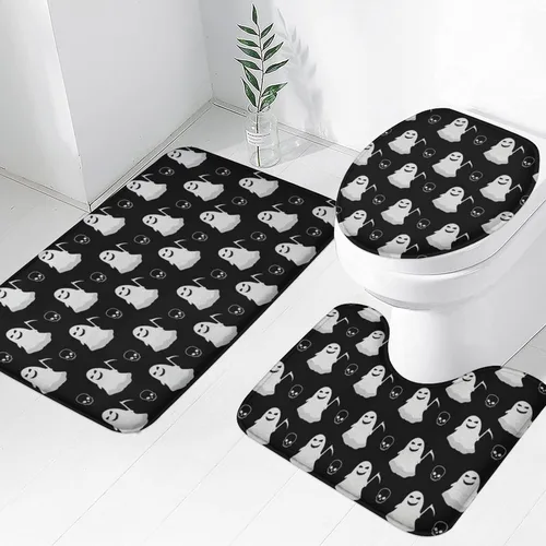 Miniatura 19 de Tapete de baño de 3 piezas de otoño con diseño de calabaza, color azul y verde, hojas de arce, cosecha, decoración de Acción de Gracias, juego