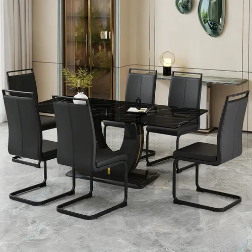 Miniatura 2 de Juego de mesa de comedor de mármol sintético para 6.71 pulgadas, juego de mesa de comedor moderno para 6 personas con mesa de vidrio y pedestal