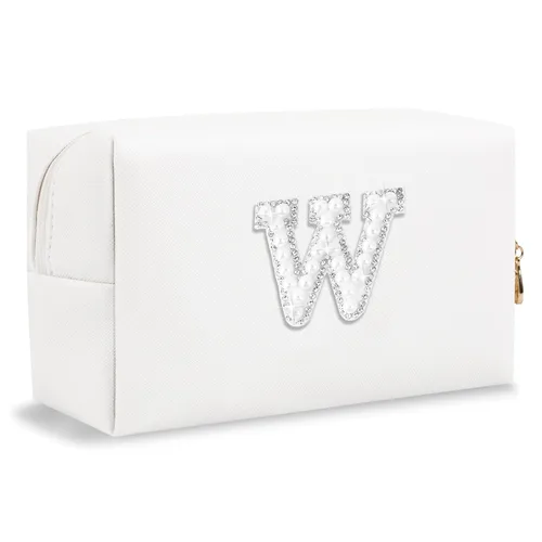 Miniatura 10 de Pequeña bolsa de maquillaje personalizada con inicial A-Z Preppy Patch, bolsa de cosméticos de viaje de felpilla blanca con cremallera, bonita bolsa