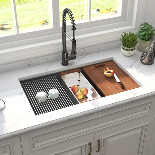 Miniatura 12 de Fregadero de cocina moderno con estación de trabajo de calibre 18 de 30 pulgadas, fregadero de cocina R10 de acero inoxidable de radio ajustado