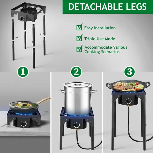 Miniatura 5 de Karl home Estufa de gas propano de 1 quemador para cocinar al aire libre, cocina de campamento de 75,000 BTU con patas extraíbles y regulador PSI