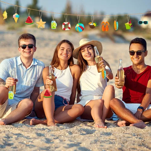 Miniatura 5 de Adornos colgantes de madera de verano, 37 decoraciones hawaianas de verano para puerta de árbol con cuerda, decoraciones de fiesta de vacaciones
