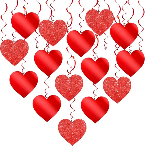 KatchOn, Remolinos de corazón colgantes rojos con purpurina, paquete de 30, decoraciones de corazones colgantes para decoraciones del día de San