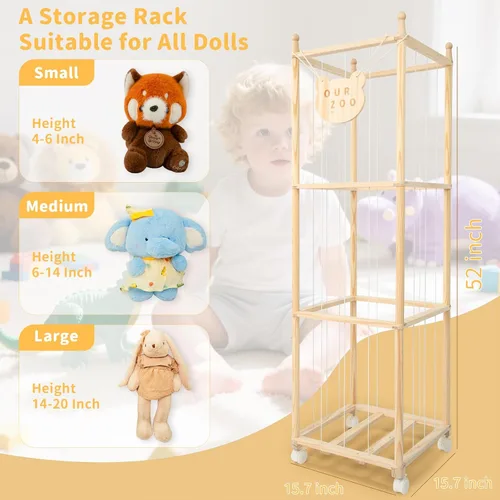 Miniatura 6 de Organizador de zoológico de almacenamiento de animales de peluche, soporte alto de torre de madera para juguetes de peluche grandes, exhibición