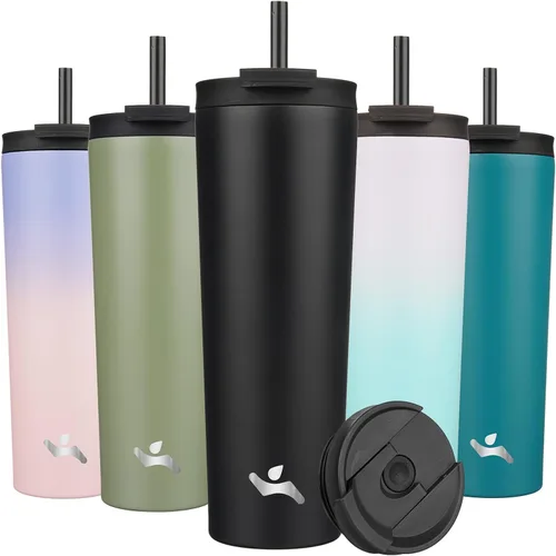Miniatura 33 de Konokyo Vaso aislado de 18 onzas con tapa y 2 pajillas, botella de agua de acero inoxidable, taza de viaje al vacío, taza de café, color blanco ángel