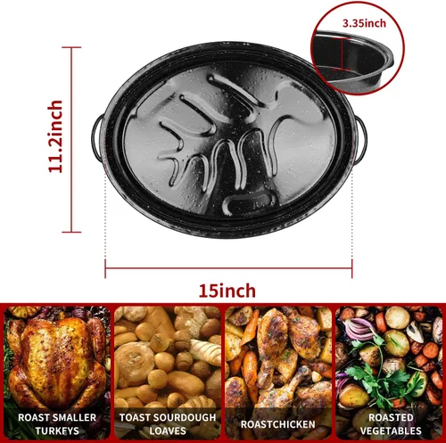 Miniatura 5 de DIMESHY Bandeja para asar de 18 pulgadas, esmaltada en acero, bandeja ovalada cubierta en negro con tapa, utensilio de cocina grande para pavo