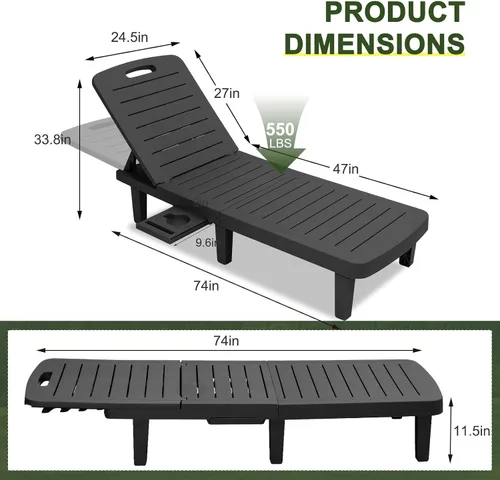Miniatura 7 de CDCASA Chaise Lounge al aire libre, sillas de piscina multifuncionales con 5 posiciones ajustables y bandeja lateral, salas de resina impermeables
