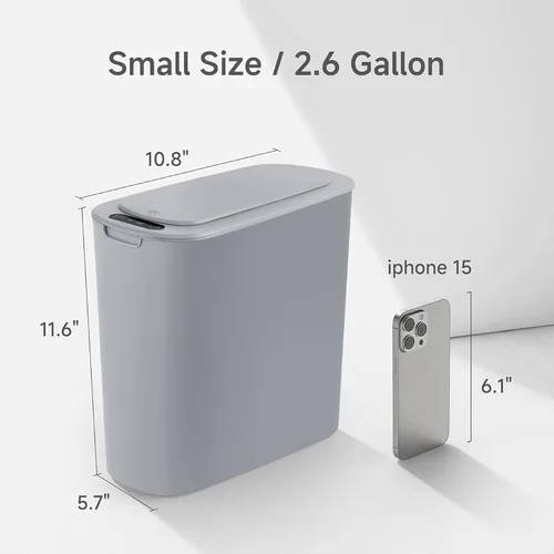 Miniatura 3 de TIPGO - Cubo de basura automático con sensor de movimiento para baño con tapa, basurero táctil de 2.6 galones, papelera de plástico delgada y Gris