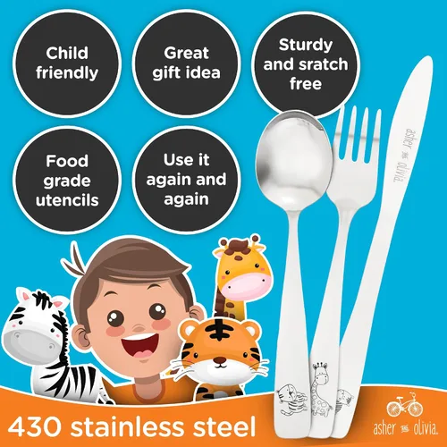 Miniatura 3 de Juego de cubiertos para niños, 12 piezas, incluye 4 tenedores, 4 cucharas y 4 cuchillos aptos para niños, cubiertos de metal para niños en edad