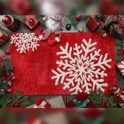 Miniatura 7 de Ceenna Alfombra de baño roja de invierno, lavable, absorbente de agua, antideslizante, divertida alfombra de baño con patrones de copo de nieve