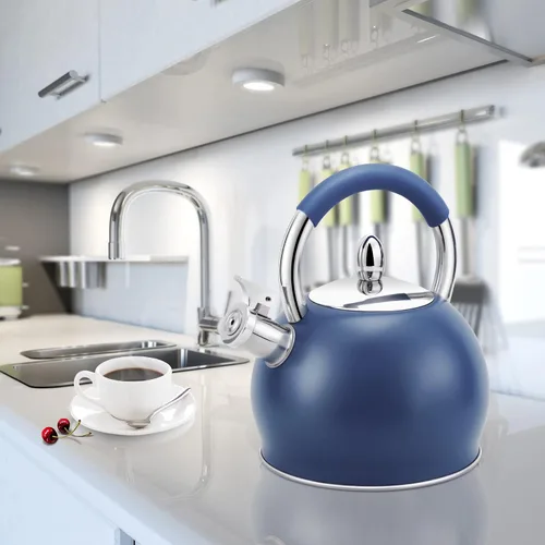 Miniatura 6 de Tetera silbante para estufa, tetera de acero inoxidable con mango ergonómico de silicona, tetera para estufa, 3.2 cuartos de galón / 3 litros, azul