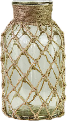 rismart Florero rústico de cristal con red de cuerda, decoración del hogar, color verde, 6.4 x 3.2 in