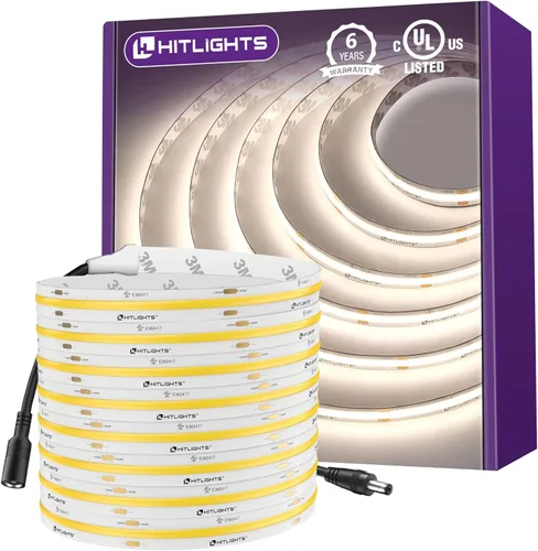 Miniatura 10 de HitLights - Tira de luces LED COB de color blanco cálido de 3000 K, cinta de luz de alta densidad de 32.8 pies de 24 V, 5120 LED, 350+ lm/pies, CRI