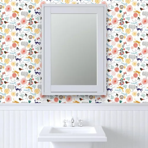 Miniatura 9 de Papel tapiz autoadhesivo de 12 x 2 pies – Flores de selva, elefante, guepardo, pájaro, mono, león, caprichoso, animales florales, habitación