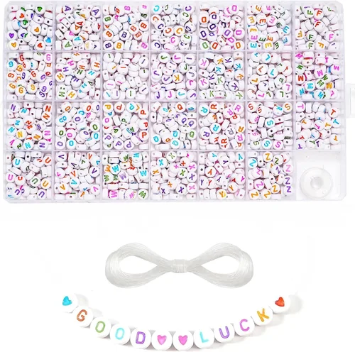 Miniatura 6 de 1400 piezas de cuentas acrílicas redondas blancas de letras del alfabeto de 4x7mm con patrón de corazón A-Z y línea de cristal para hacer joyas