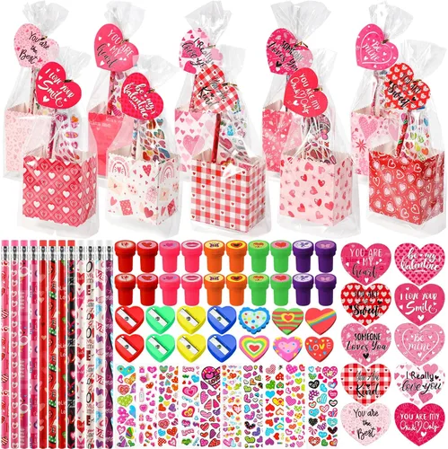 Pasimy 240 unidades de regalos de papelería para el día de San Valentín para niños, cajas de palomitas de maíz de San Valentín, etiqueta de regalo