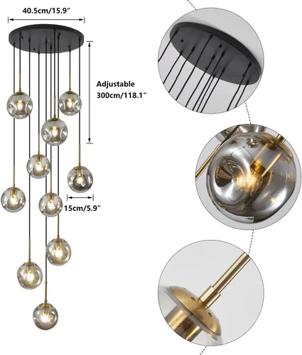 Miniatura 2 de BOKT Lámpara colgante vintage en racimo negro dorado 10 luces globo de vidrio escalera lámpara gris ahumado moderno gran lámpara colgante ajustable