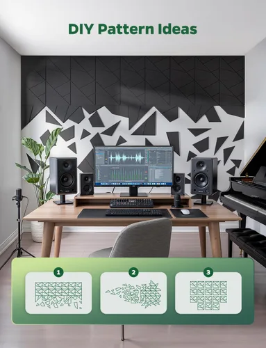 Miniatura 2 de Paquete de 18 paneles acústicos absorbentes de sonido para pared de sala de juegos, línea de corte decorativo negro, despegar y pegar, reducción