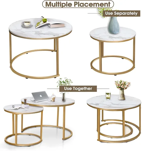 Miniatura 6 de Garden 4 you Mesa auxiliar anidable de mármol blanco sintético para lugares pequeños, 2 juegos de muebles modernos, juegos de sala de estar, mesa