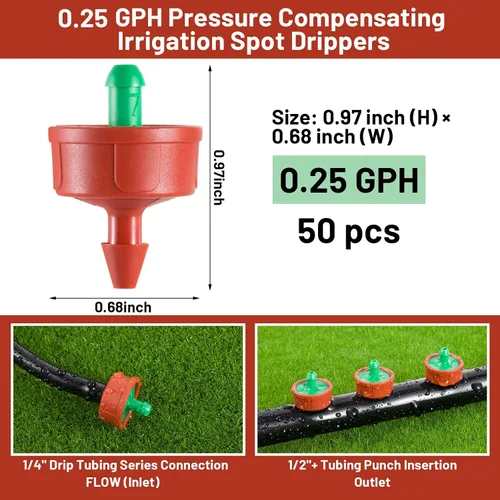 Miniatura 2 de 50 goteros/emisores de riego por goteo compensadores de presión de 0.25 GPH, antiobstrucciones y autolimpiantes emisores de riego por goteo