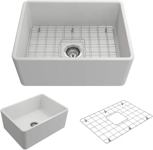 Miniatura 40 de BOCCHI Classico Farmhouse Fregadero de cocina de arcilla refractaria con frente de delantal de 20 pulgadas, un solo tazón con rejilla protectora