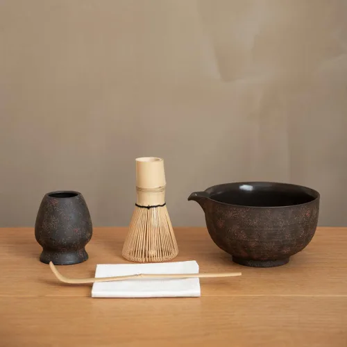 Miniatura 13 de Juego de 6 batidores japoneses de matcha, hecho a mano con cuenco (chawan), batidor de bambú (Chasen) y soporte, cuchara, tamiz y toalla de té, kit