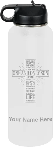 Miniatura 55 de LaserGram Botella de agua personalizada, versículo bíblico John 3-16, acero inoxidable de doble pared aislada al vacío con popote superior, regalo