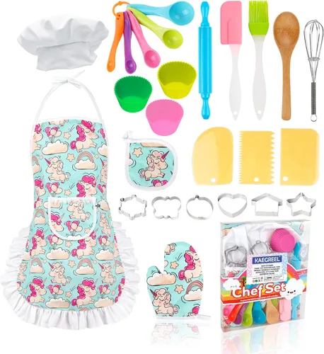 KAEGREEL Juego de chef para hornear para niños con delantal de unicornio y manopla, 26 piezas de juguetes de cocina para niños, juego de cocina con