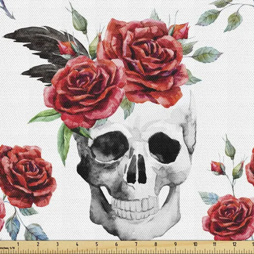 Miniatura 96 de Ambesonne The Yard, tela de calavera colorida con temática de Halloween, diseño de calavera y huesos cruzados, divertido estampado de dibujos