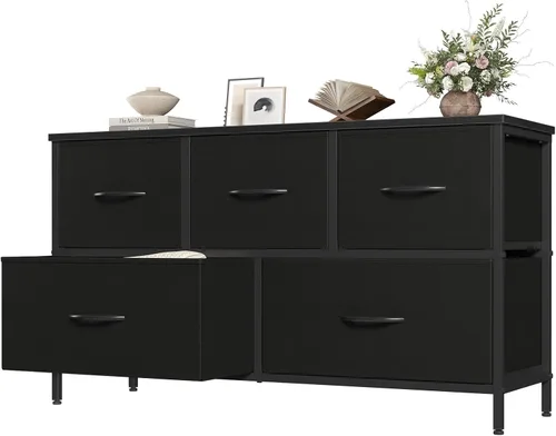 Miniatura 14 de OLIXIS Cómoda para dormitorio con 5 cajones, cómoda ancha, cómoda de tela para dormitorio con organizador de cajones, unidad organizadora de Roble