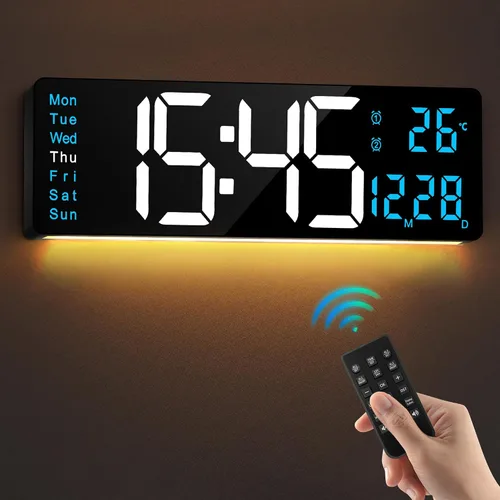 LEIKE Reloj de pared digital grande de 16 pulgadas, control remoto, 2 alarmas, pantalla LED, DST automático, temperatura, reloj de luz nocturna
